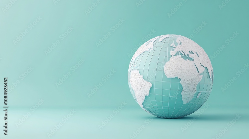 Poster global marketing strategy with keyword network sphere on empty background