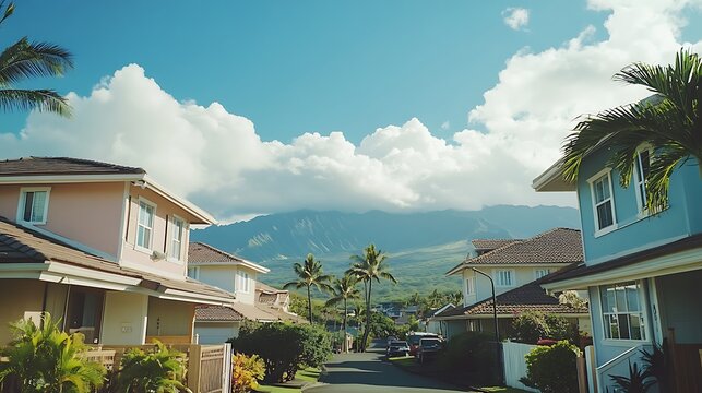 Maui Hawaii residential area with mountains in the background