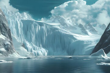 Fototapeta premium A breathtaking view of a massive ice cliff towering over a serene body of water.