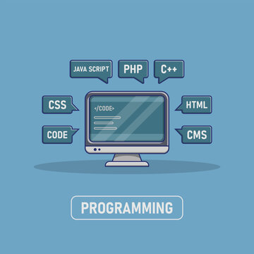 Cute Cartoon Simple Programing CSS, Code, Java Script. Science Technology Premium Isolated Concept Vector Icon. Flat Cartoon Style