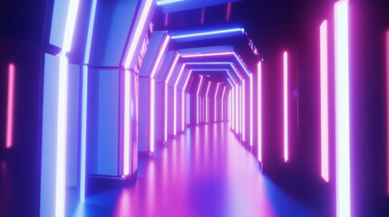 Obraz premium 3D abstract neon light trail technology virtual reality corridor tunnel background. cyberpunk futuristic fashion vibrant line and shape geometric blue purple glow glossy striking wallpaper 