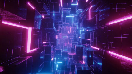 Naklejka premium 3D abstract neon light trail technology virtual reality corridor tunnel background. cyberpunk futuristic fashion vibrant line and shape geometric blue purple glow glossy striking wallpaper 