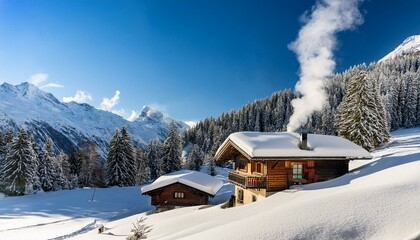 深い雪に覆われたスイスのシャレーが山の斜面に連なり、煙突から煙が立ち上る。冬の静けさと温かさが調和した景色。

