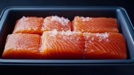 Frozen Salmon Fillets with Ice Crystals in Open Commercial Freezer Display