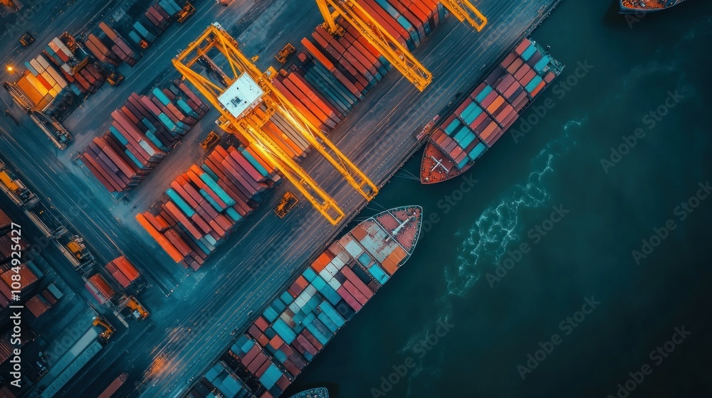 Poster aerial view of container ships and cargo cranes at a busy harbor