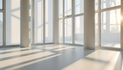 A bright, airy room with large windows letting in natural light. The room has white walls and floors, creating a clean, minimalist aesthetic.