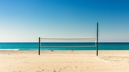 A calm beach volleyball court with a net and balls neatly positioned, A sunny, sandy beach with gentle waves in the background