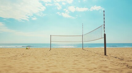 A calm beach volleyball court with a net and balls neatly positioned, A sunny, sandy beach with gentle waves in the background