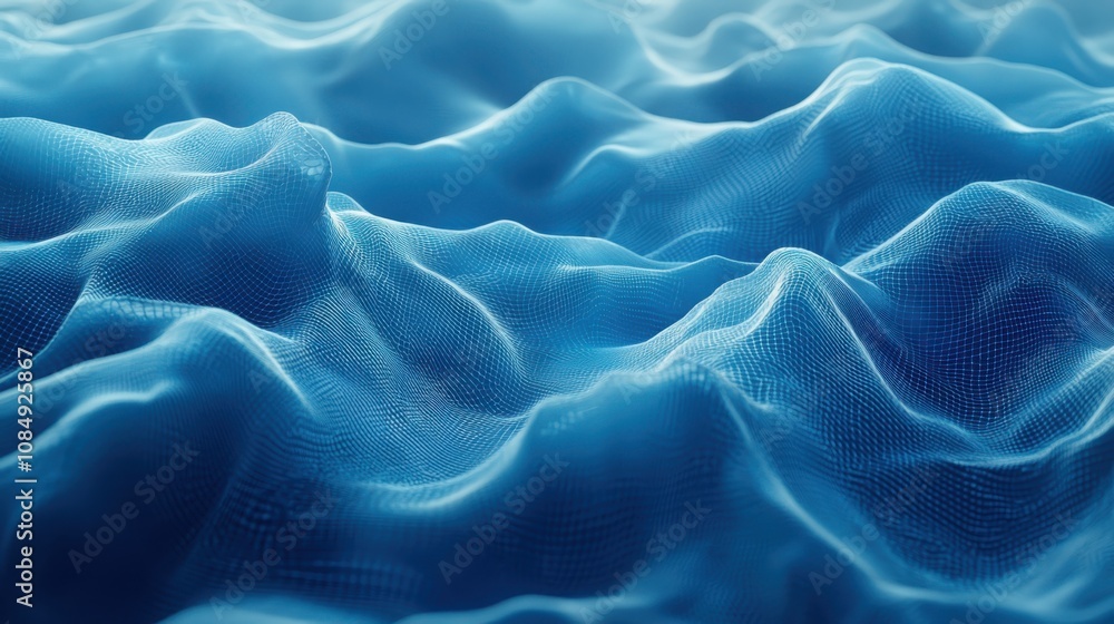 Poster exploring dynamic blue abstract design with a mesh of linked data in a virtual environment for moder