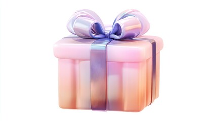 A gift box with ribbon, seasonal element, photorealistic style, shiny metallic wrapping, isolated on white background