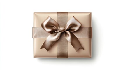 A gift box with ribbon, seasonal element, photorealistic style, shiny metallic wrapping, isolated on white background
