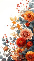 Autumn Floral Corner Border with Dahlia, Rose, and Eucalyptus Leaves: Rustic Wedding Watercolor Illustration of Burnt Orange Flowers and Terracotta Foliage on Yellow Background