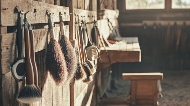 A calm equestrian grooming area with brushes and tack neatly arranged, A clean stable with well-maintained wooden fixtures, Minimalist equestrian style