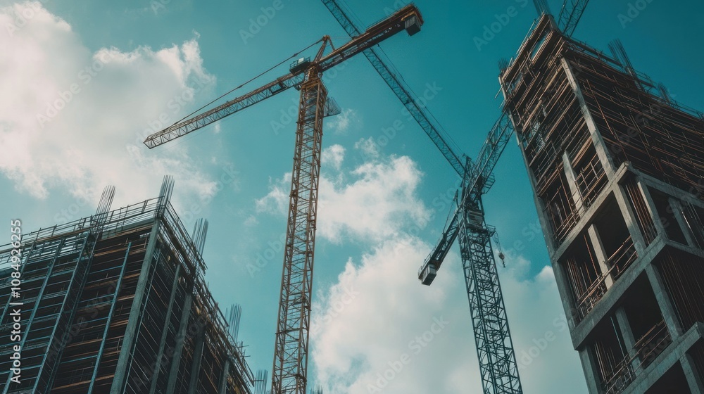 Poster Construction Cranes and a Partially Built Skyscraper