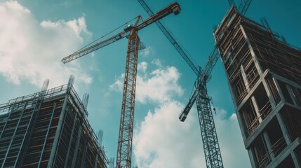 Construction Cranes and a Partially Built Skyscraper