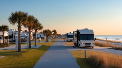 A luxurious beachside RV resort with highend amenities, elegant RV designs, and scenic ocean views