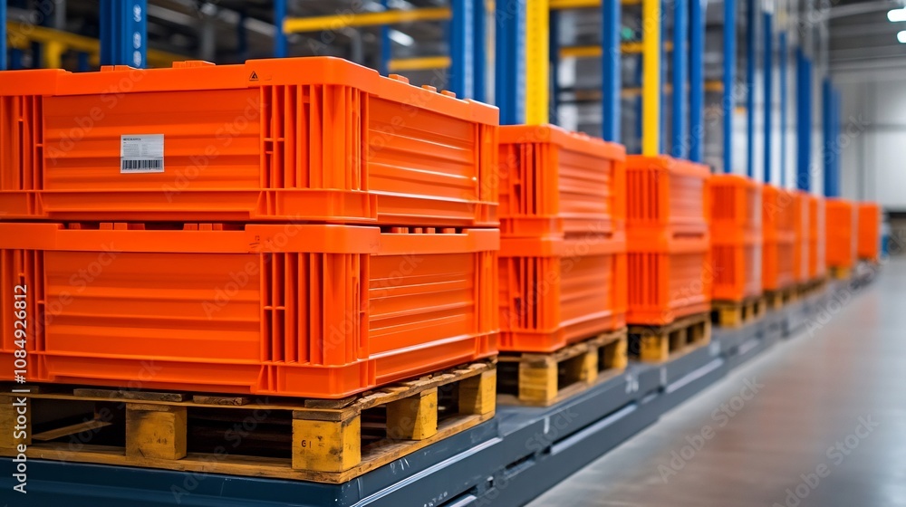 Poster machinery unloading crates in spacious industrial storage warehouse for efficient goods handling