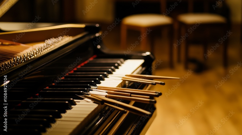 Poster a calm piano tuning station with tuning tools neatly arranged on a polished grand piano, a quiet roo