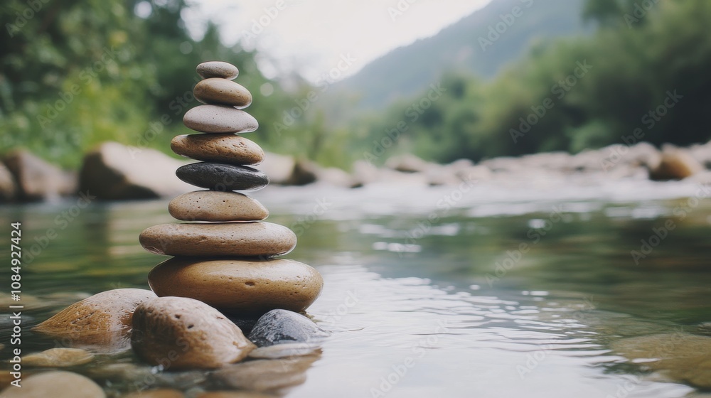Poster a calm rock balancing spot with stones and pebbles neatly stacked by a river, a tranquil riverside w