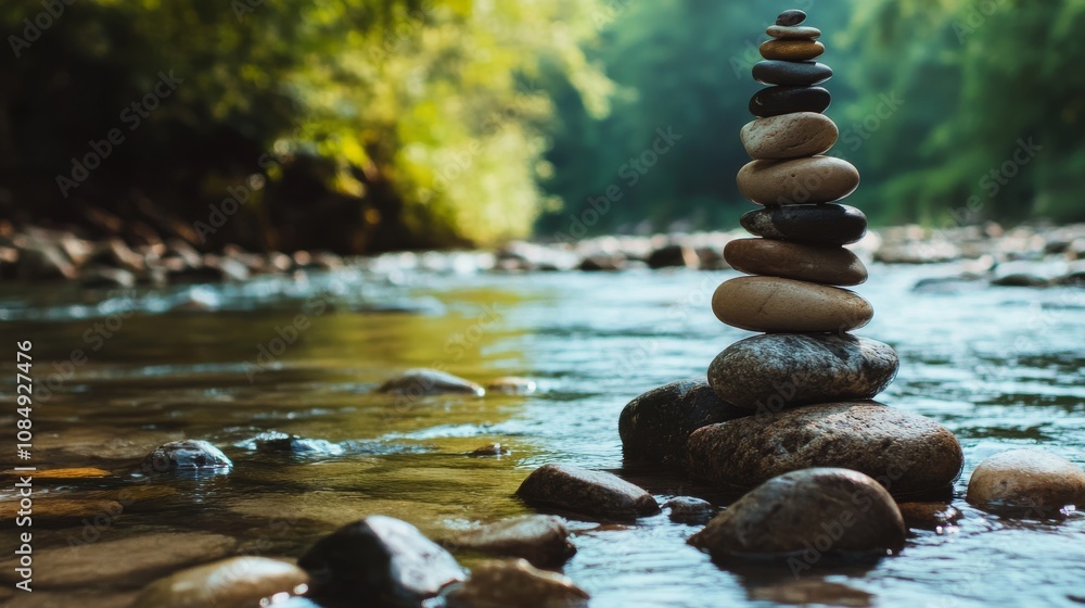 Poster a calm rock balancing spot with stones and pebbles neatly stacked by a river, a tranquil riverside w
