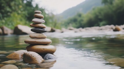 A calm rock balancing spot with stones and pebbles neatly stacked by a river, A tranquil riverside with clear water and smooth rocks, Minimalist nature style