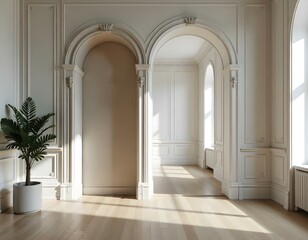Fototapeta premium A large, ornate marble archway leads into a bright, open room with white paneled walls and hardwood floors. The room has a minimalist, elegant aesthetic