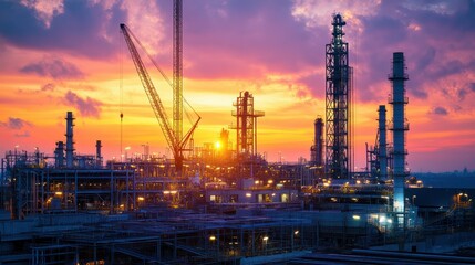 Industrial Complex Silhouetted Against a Vibrant Sunset Sky