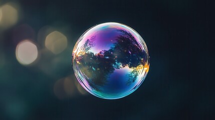 Fototapeta premium Translucent bubble showing blue and purple iridescent reflections floating against dark background