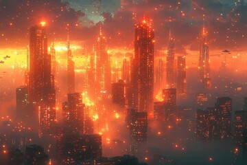 Fototapeta premium Exploring the spectacle of a futuristic city towering skyscrapers and vibrant skies urban landscape digital art aerial view futuristic vision for seo impact