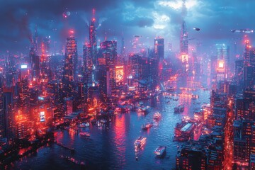 Fototapeta premium Exploring the future a dynamic showcase of a futuristic city with towering skyscrapers urban landscape digital atmosphere aerial perspective technological innovation