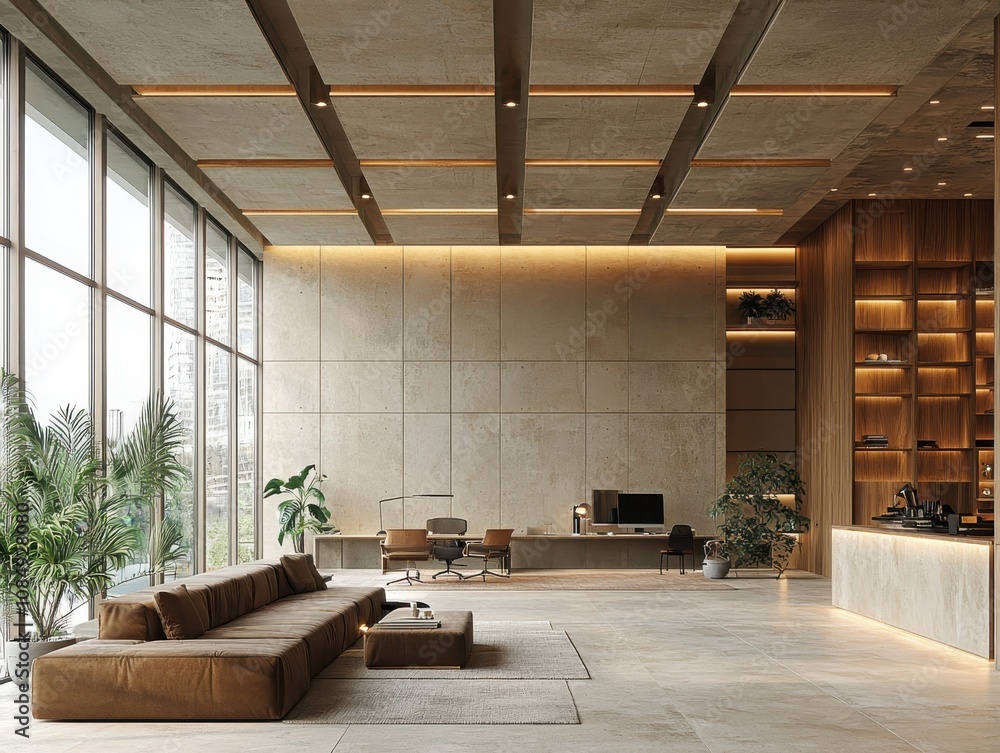 Poster creating a high-end workspace with a neutral color palette and urban elements in an expansive office