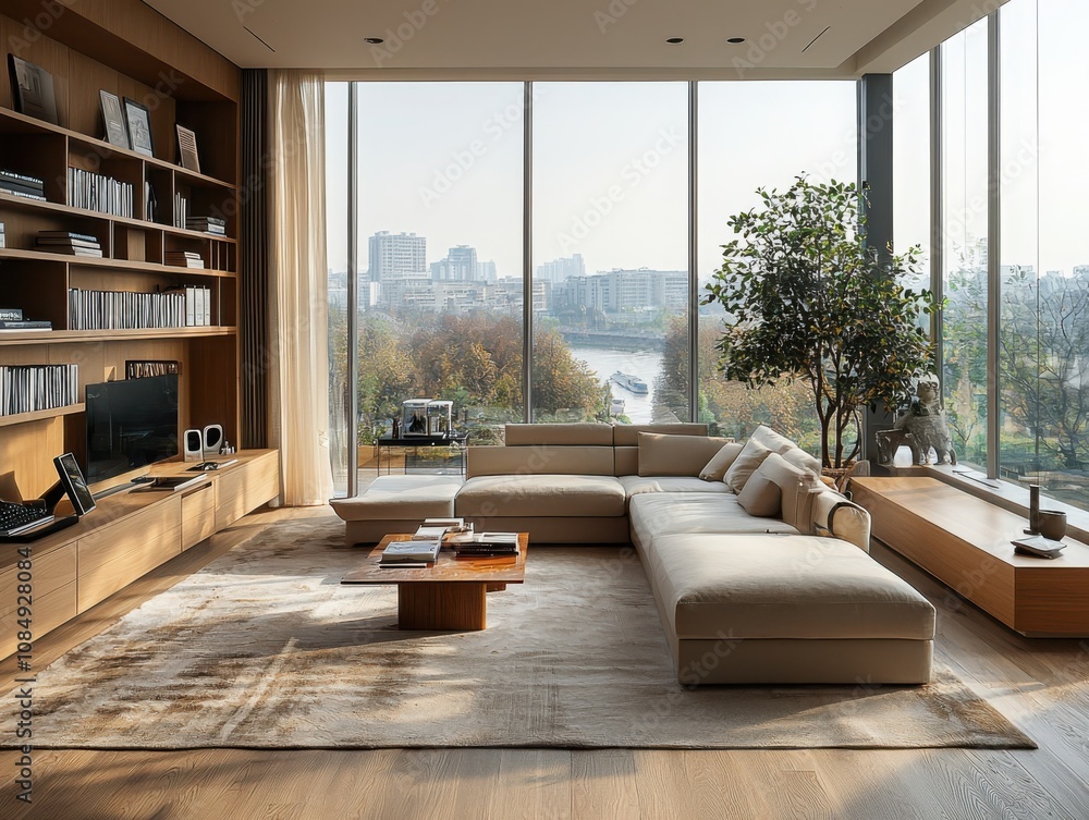 Poster elevate your productivity in a high-end workspace a neutral color palette and urban view in a modern