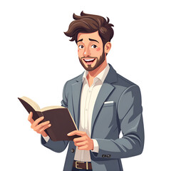 A cheerful young man in a suit holding a book with a bright smile, digital art of character illustration concept.