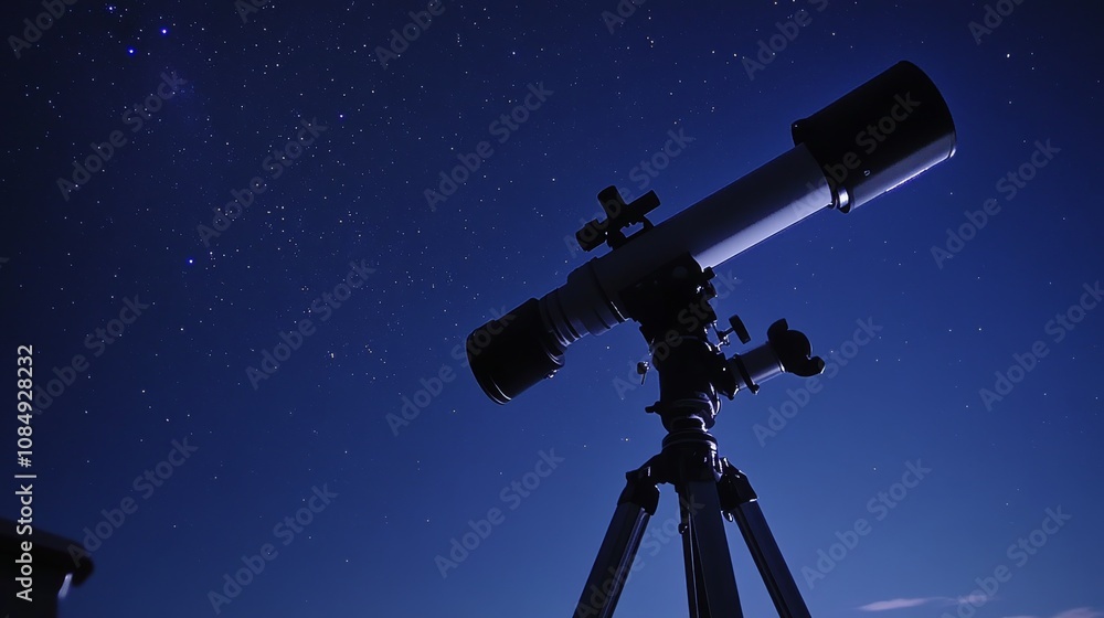 Poster a calm telescope setup with astronomy gear neatly placed, a clear night sky with stars twinkling in 