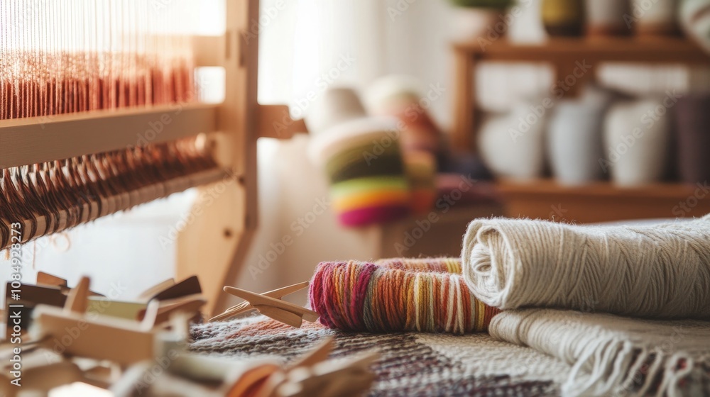 Poster A calm weaving loom setup with yarns and shuttles neatly arranged, A quiet room with soft ambient light and clean work surfaces, Minimalist craft style