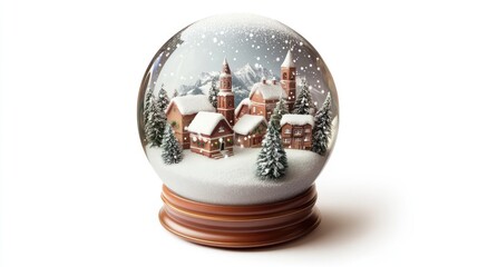 A snow globe, holiday ornament, photorealistic style, with a winter village inside, isolated on white background