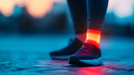 Futuristic Athlete with Ankle Support Thriving in Vibrant Urban Sunset Setting