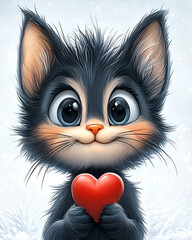 Fototapeta premium A cartoon cat holding a red heart. The cat is cute and happy, and the heart symbolizes love and affection