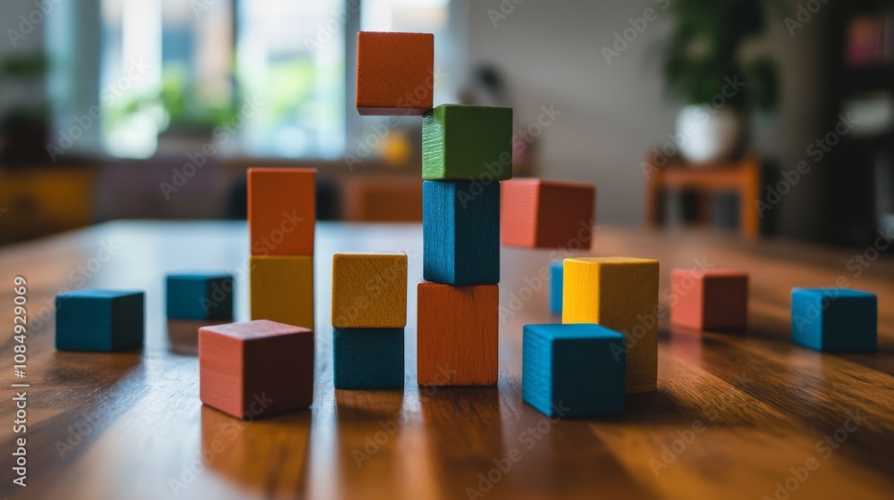 Poster a colorful block-building scene on a clean wooden table, vibrant blocks arranged in creative structu