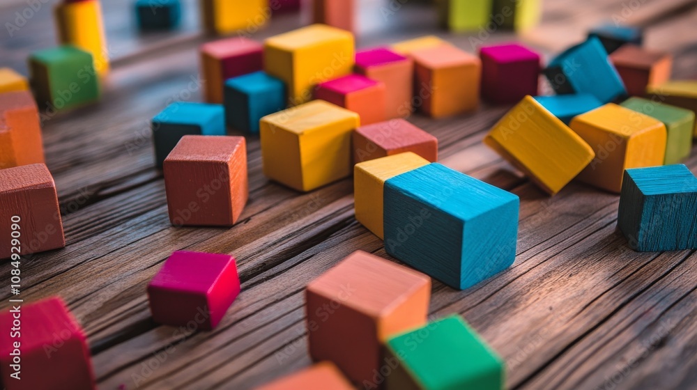 Poster a colorful block-building scene on a clean wooden table, vibrant blocks arranged in creative structu