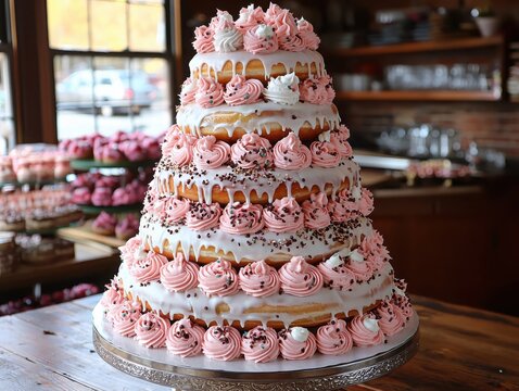 Creative stacked donut arrangement highlighting an ecl bakery dessert display rustic cafe close-up inventive treat presentation for seo impact