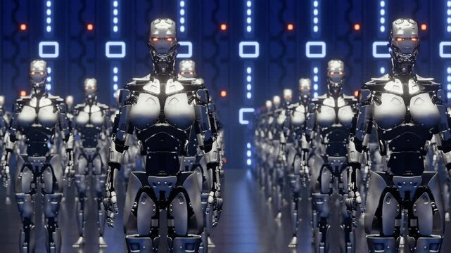 Army of Humanoid robots with red glowing eyes standing in multiple rows ready to march, Battle or attack inside a futuristic sci fi facility