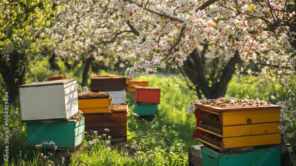 Poster a comprehensive bee keeping setup in a blooming orchard, beekeeping suits and hives neatly placed, m