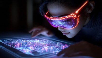 Young woman wearing futuristic glasses interacts with glowing digital interface at night