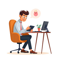Cheerful businessman engaged with digital device in modern workspace with a playful cartoon element, digital illustration of character design concept.