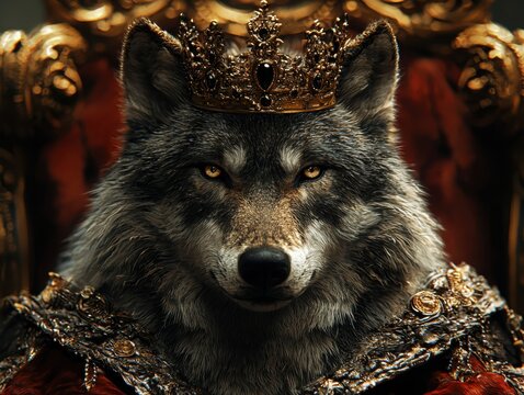 Majestic gray wolf donning an ornate crown posed grandly in a regal setting for nature lovers and animal enthusiasts