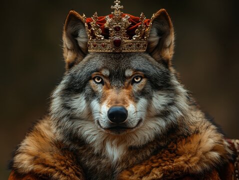 Majestic gray wolf donning an ornate crown posed grandly in a mystical forest setting wildlife photography nature's majesty