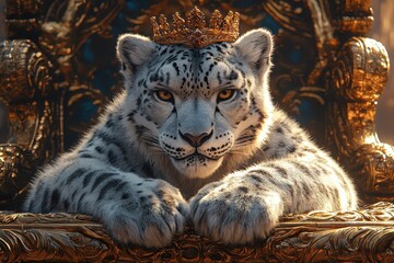 Fototapeta premium Majestic snow leopard crowned and seated on an ornate throne in a regal environment for art and nature lovers