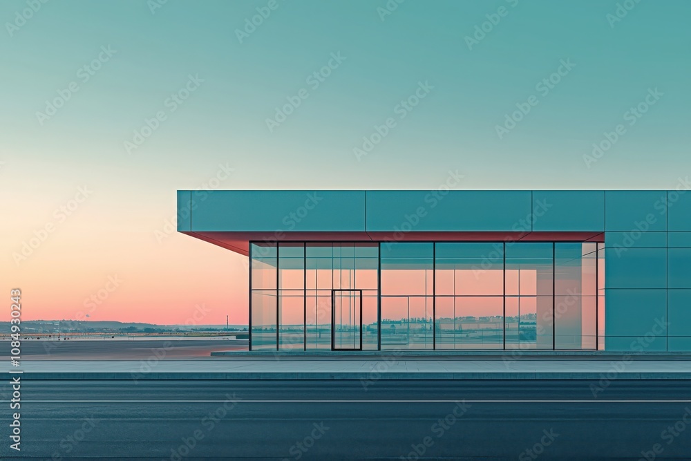 Poster exploring minimalist architectural scene highlighting geometric structures urban environment digital