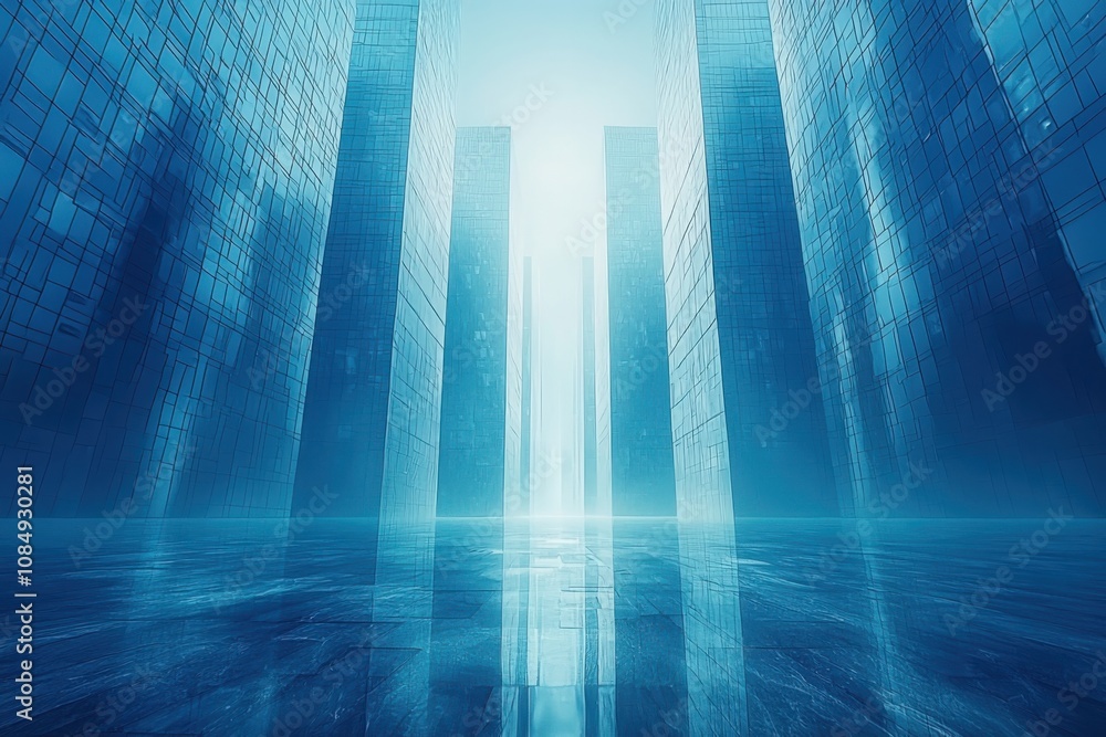 Poster exploring tranquility minimalist architectural scene urban cityscape geometric structures futuristic